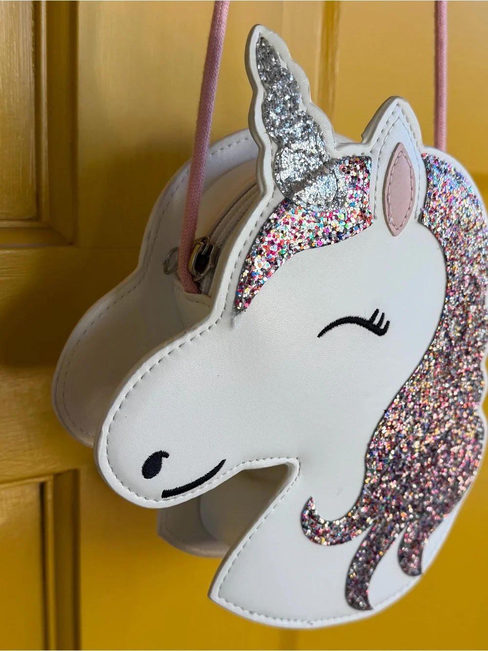 Kids White Unicorn Crossbody Bag with Pink Multicolor Glitter Mane